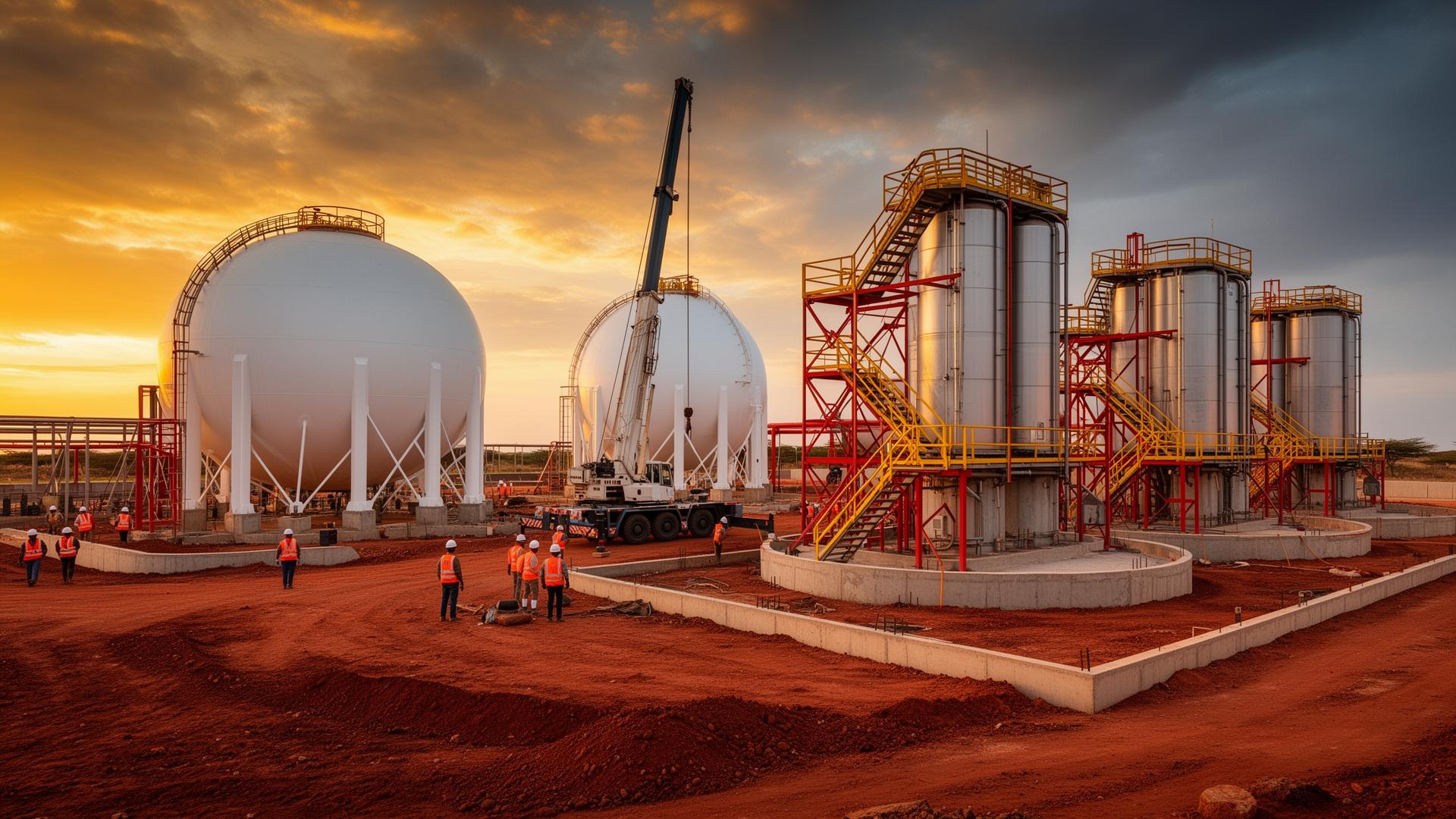 LPG storage spheres and steel tanks under construction at a fuel depot